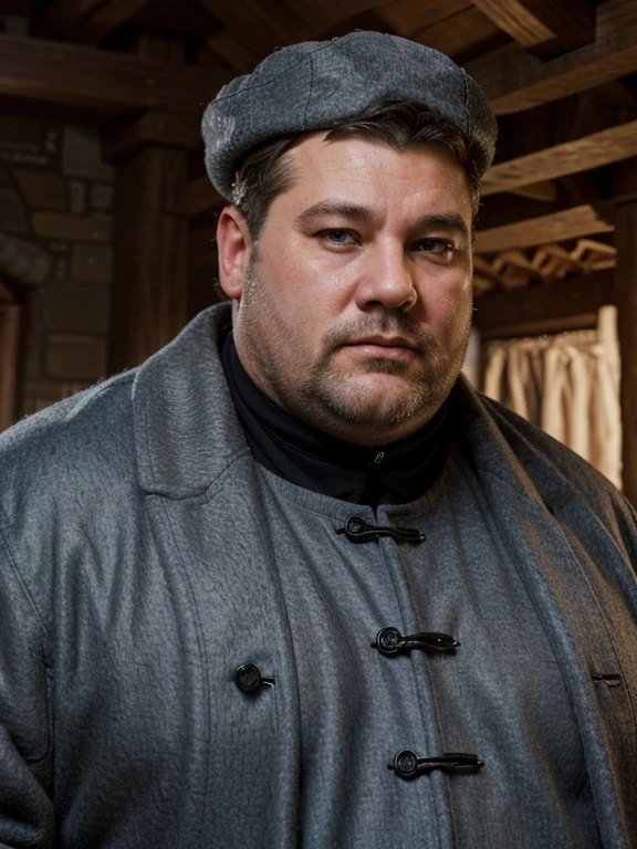 Draw an image of a big, soft and fleshy man of middle height. He has a weak, fat chin and redish nose. He wears a medieval grey coat. On the coat there is an image of a blue castle. He is 40 years old and appears drunk