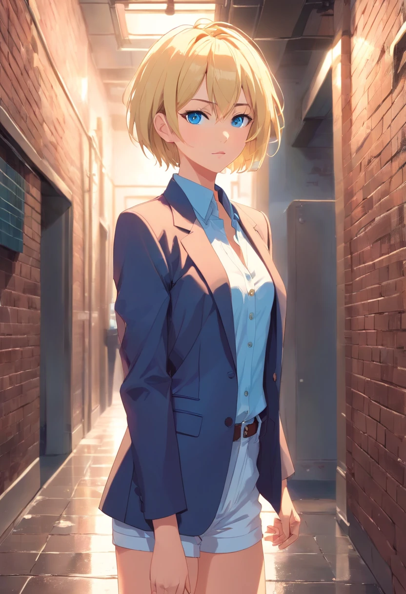 17 years old Women, ((Blonde)), ((Blue eyes)), ((Short hair)), ((Full Body)), blazer jacket open in front, naked chest, no bra, and baggy white pants, with high heels, hand on waist, standing y front if a brick wall wet floor