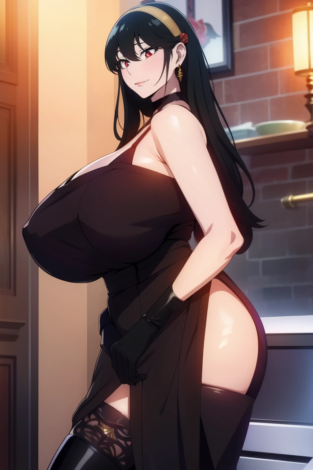 An anime-style artwork depicting yor from the anime spy x family
Tags: Yor Forger, black dress, holding, black hair, weapon, high heels, thighhighs, red eyes, two-sided fabric, high heel boots, boots, hair ornament, flower, two-sided dress, fingerless gloves, black gloves, hair flower, black footwear, gold rose, bare shoulders, black thighhighs, gold hairband, rose print, earrings, sleeveless, sidelocks, looking at viewer, bare shoulders, standing, earrings, short hair with long locks, jewelry, closed mouth, bangs, anime, detailed eyes, detailed lips, ass, 1girl, red eyes, (black hair:1.1), solo, huge breasts, smiling expression, intense gaze, dynamic pose, indoor, palace, vibrant colors, digital art, high-resolution, professional quality, gigantic breasts, cleavage), curvy, cowboy shot, (gigantic breasts: 1.4),