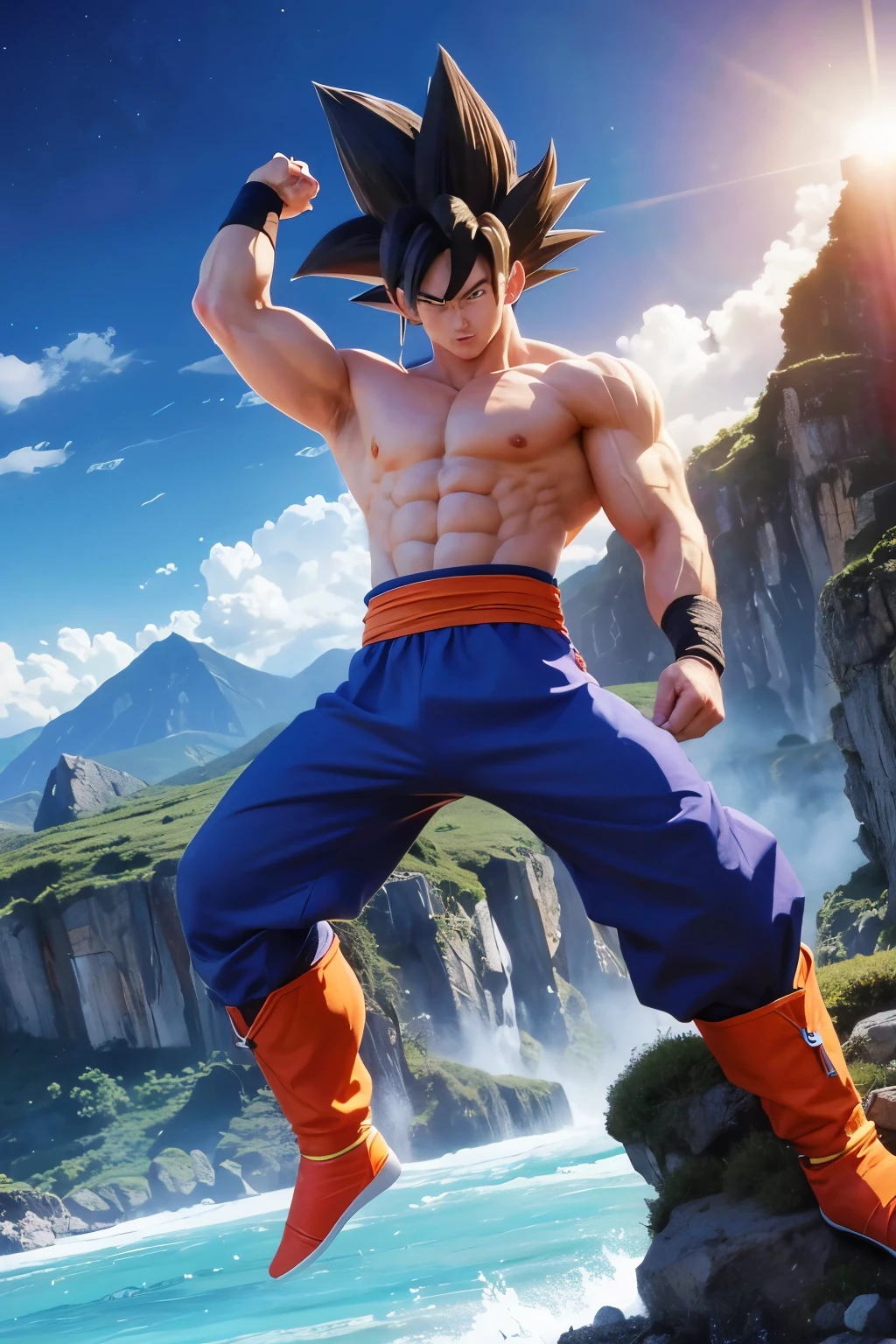 Create goku looks from the front muscular, floating, with a very bluish sky between the mountains, next to his children and the vegeta, forming his powers