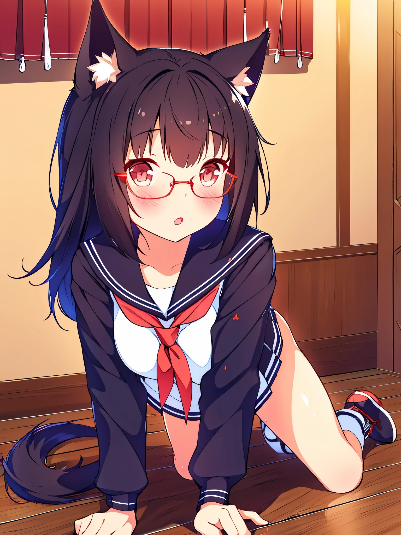 1 girl,black, hair,cat, Ears, red, eyes, in a navy, sailor,  with, stockings, with, glasses, with, decorations, in, her, red, hair, in, a room, with, red, tennis, shoes, with, pink, and, white, Prefect Anatomy, NSFW