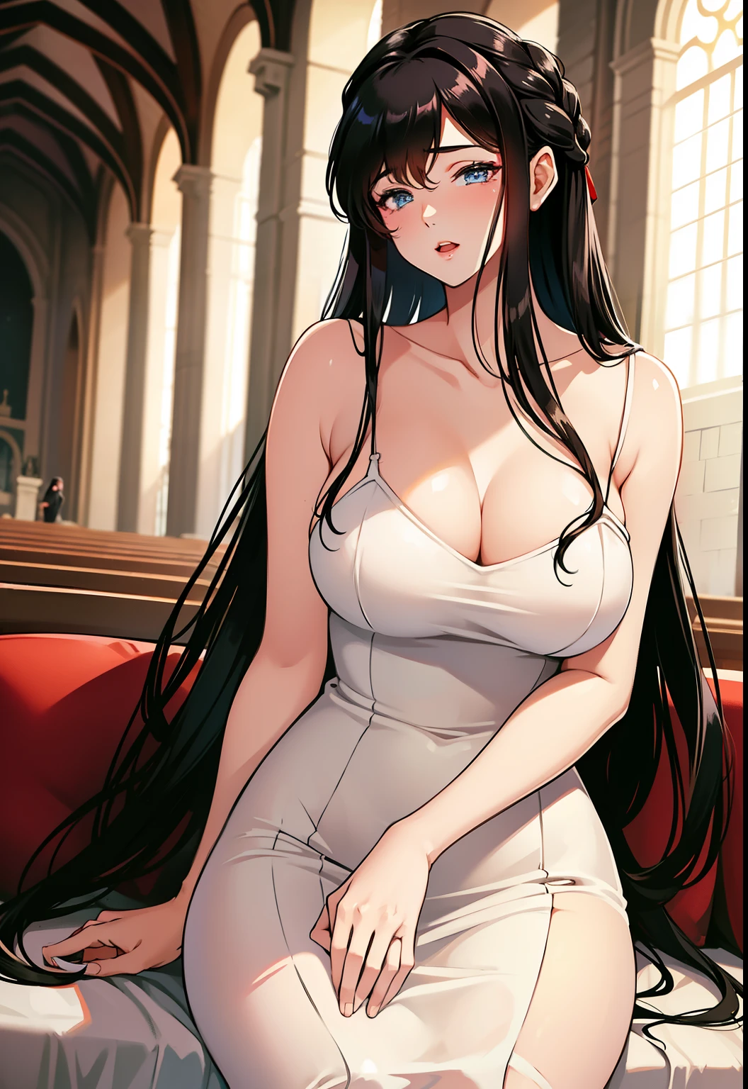 masterpiece, Best quality, 1girl, delicate face, black long hair,Mature and intellectual lady,,white dress,Camisole dress,church,cathedral