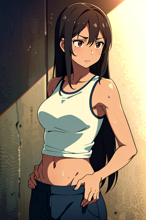 (masterpiece, top quality, best quality), brown skin anime girl wearing a buttoned tanktop shirt and trousers, famished in hunger, (gently resting hands on stomach), (sweating), (long hair), (hands on her stomach)