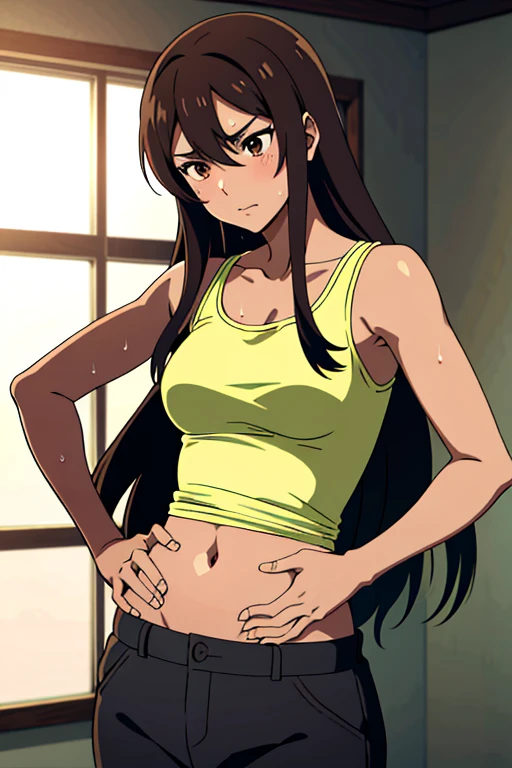 (masterpiece, top quality, best quality), brown skin anime girl wearing a buttoned tanktop shirt and trousers, famished in hunger, (gently resting hands on stomach), (sweating), (long hair), (hands on her stomach)