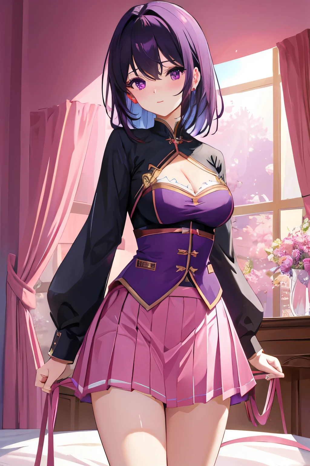 (masterpiece) best quality, high quality, high detail 4K women , pink skirt, black tight, black hair, purple eyes, standing indoors, bedroom, bright light 1.2 seductive pose