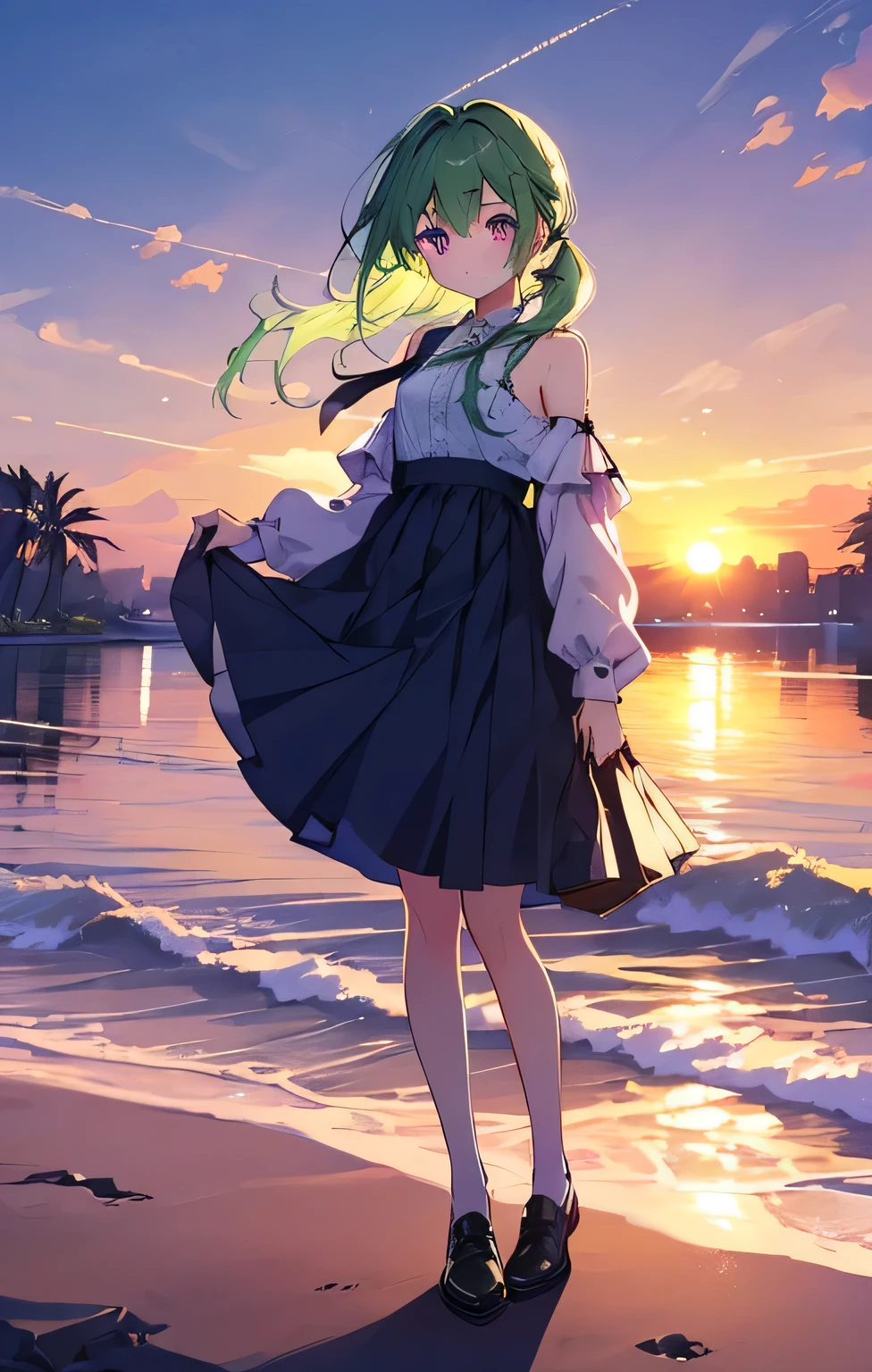 Light green girl，Three No Girls，Conservative and shy girl，Stand in the sunset，Facing，Petite and cute，Purple Eyes，150cm height，Light green single ponytail，full-body shot，Green Hair，Alone，Shy and cute，Shoulder-length single ponytail