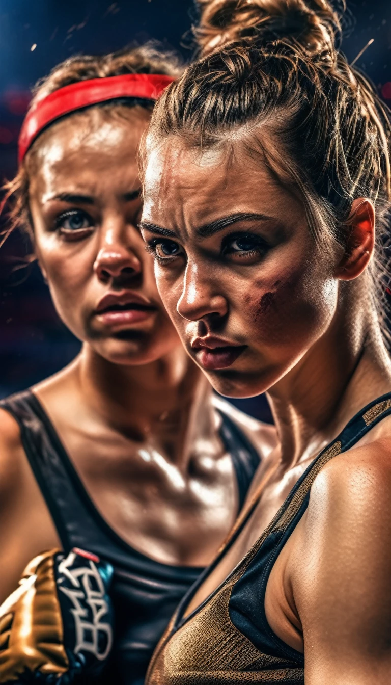 8K, Best Quality, Masterpiece, Ultra High Resolution, (Realism: 1.4), Original Photo, (Realistic Skin Texture: 1.3), (Film Grain: 1.3), scene with 2 Girl, Beautiful Eyes and Face Details, Masterpiece, Best Quality, Close-up,they look into each other's eyes, hair tightly tied back, sports hairstyles, threatening and defiant facial expressions, boxing match, boxing gloves, boxing sport outfit, Bruises on faces, photo after the fight, boxing ring, crowd