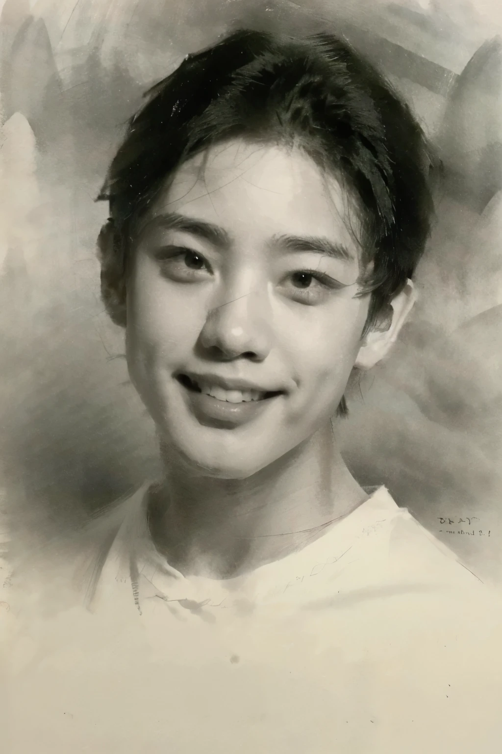 Cute young muscular boy's smile，1boy，head portrait，black and white