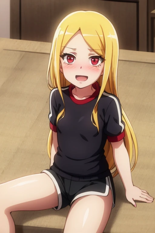 ((highest quality)), ((masterpiece)), (be familiar with), Perfect Face, indoor, Bedroom, Watching the audience,
One woman, Evil Eye,
Open Mouth, Ecstatic expression, blush, smile,
Small breasts, Flat Chest, Young Girl, , , Girl,
Long Hair, Golden Hair, Red eyes, Long Hair,
Gym suit, White short sleeves, Black shorts, Leg spread,