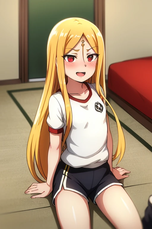 ((highest quality)), ((masterpiece)), (be familiar with), Perfect Face, indoor, Bedroom, Watching the audience,
One woman, Evil Eye,
Open Mouth, Ecstatic expression, blush, smile,
Small breasts, Flat Chest, Young Girl, , , Girl,
Long Hair, Golden Hair, Red eyes, Long Hair,
Gym suit, White short sleeves, Black shorts, Leg spread,