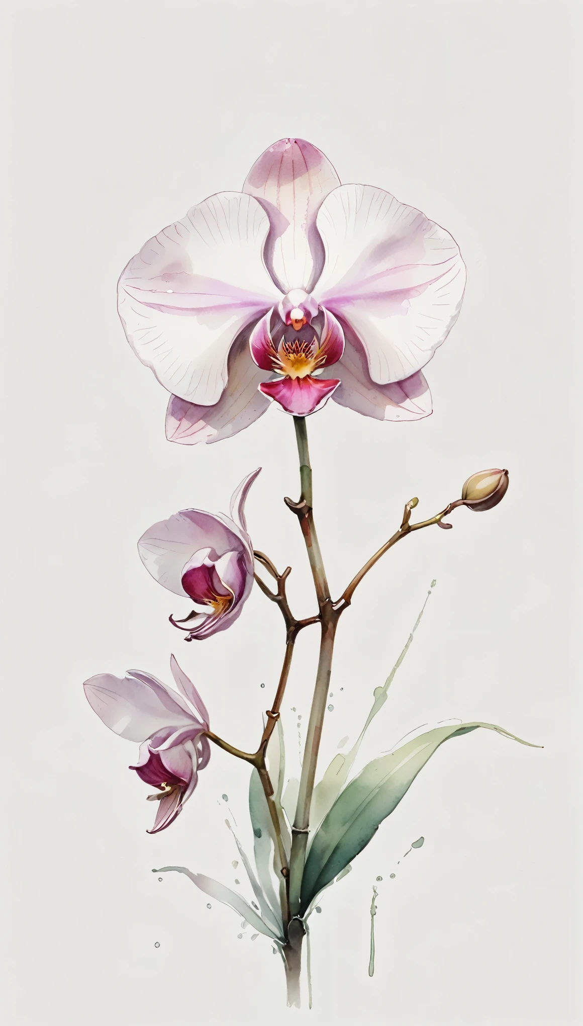 A single delicate orchid, centered, on a white background, illustration design, flat design, Styles watercolor and ink splashes, detailed strokes, muted shades soft color palette, watercolor splashes, flat design, ethereal,4k, ultra detailed, sharp focus