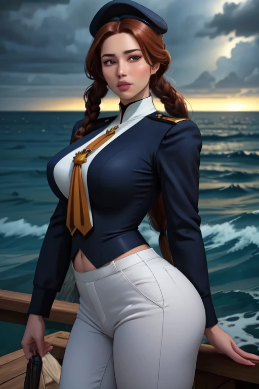 ultra realistic 8k, picture-perfect face, flawless, clean, masterpiece, perfect face, beautiful face, extremely detailed eyes, a woman admiral, standing on a pier overlooking the seas, solo, detailed eyes, beautiful, looking at viewer, (dynamic pose), water, confident pose, stormy sea, storm, wind, (dark theme:0.85), small breasts, (white parade pants, blue admiral uniform, blue parade uniform, admiral hat), hyperrealistic photography, extremely detailed CG unity 8k wallpaper, HDR, RAW photo, dslr, intricate detail, cute, magical, enchanting, parted lips, vibrant lighting, vibrant colors, (masterpiece, best quality, ultra-detailed, best shadow), perfect female body perfect female waist, photography BREAK long hair, crownbraid, chestnut brown hair, ponytail, crownbraid tie, (pronounced blush) , (button off:-1.0)