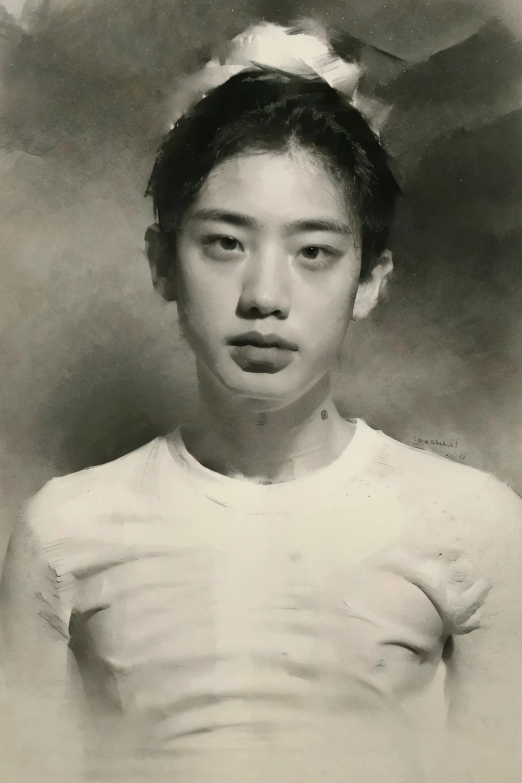 muscular boy's body，1boy，head portrait，black and white