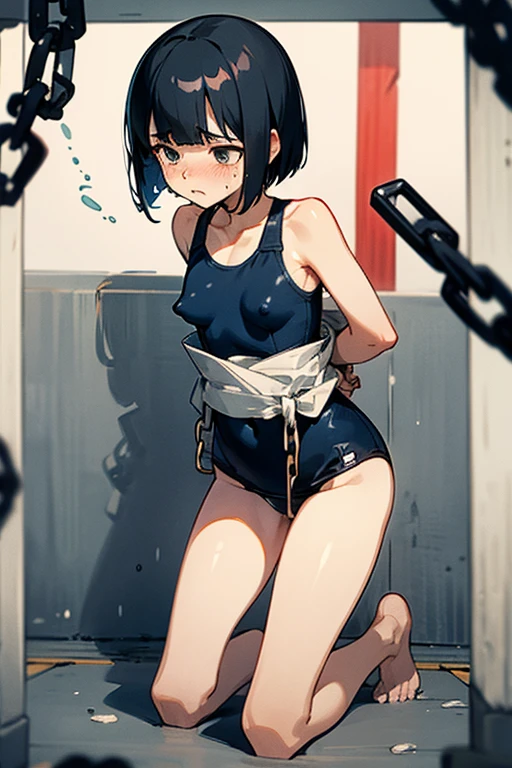 Japanese women,Black Hair,Short Bob、Visible 、Navy blue swimsuit、School Swimsuit、Kneel,From prison, binding,His hands were tied behind his back,handcuffs,chain,first round,handcuffsで縛られた手,tears,shame、Scared、Embarrassing、Women urinating、Front of the body