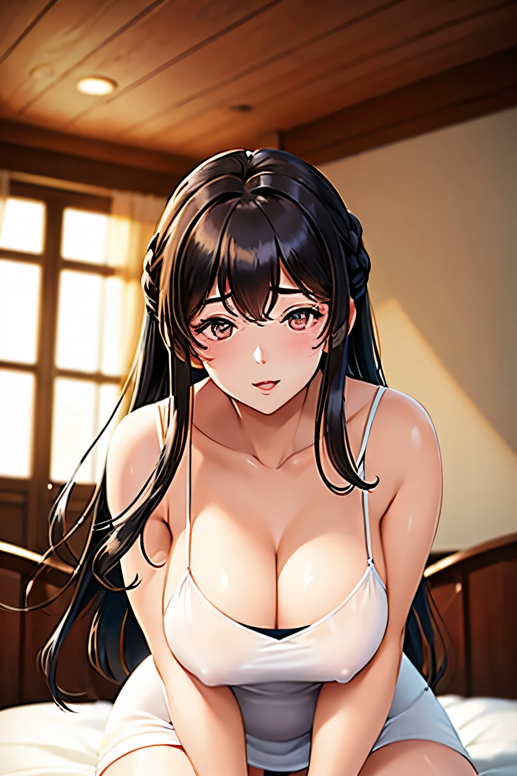 masterpiece, Best quality, 1girl, delicate face, black long hair,Mature and intellectual lady,,white dress,Camisole dress,in bedroom