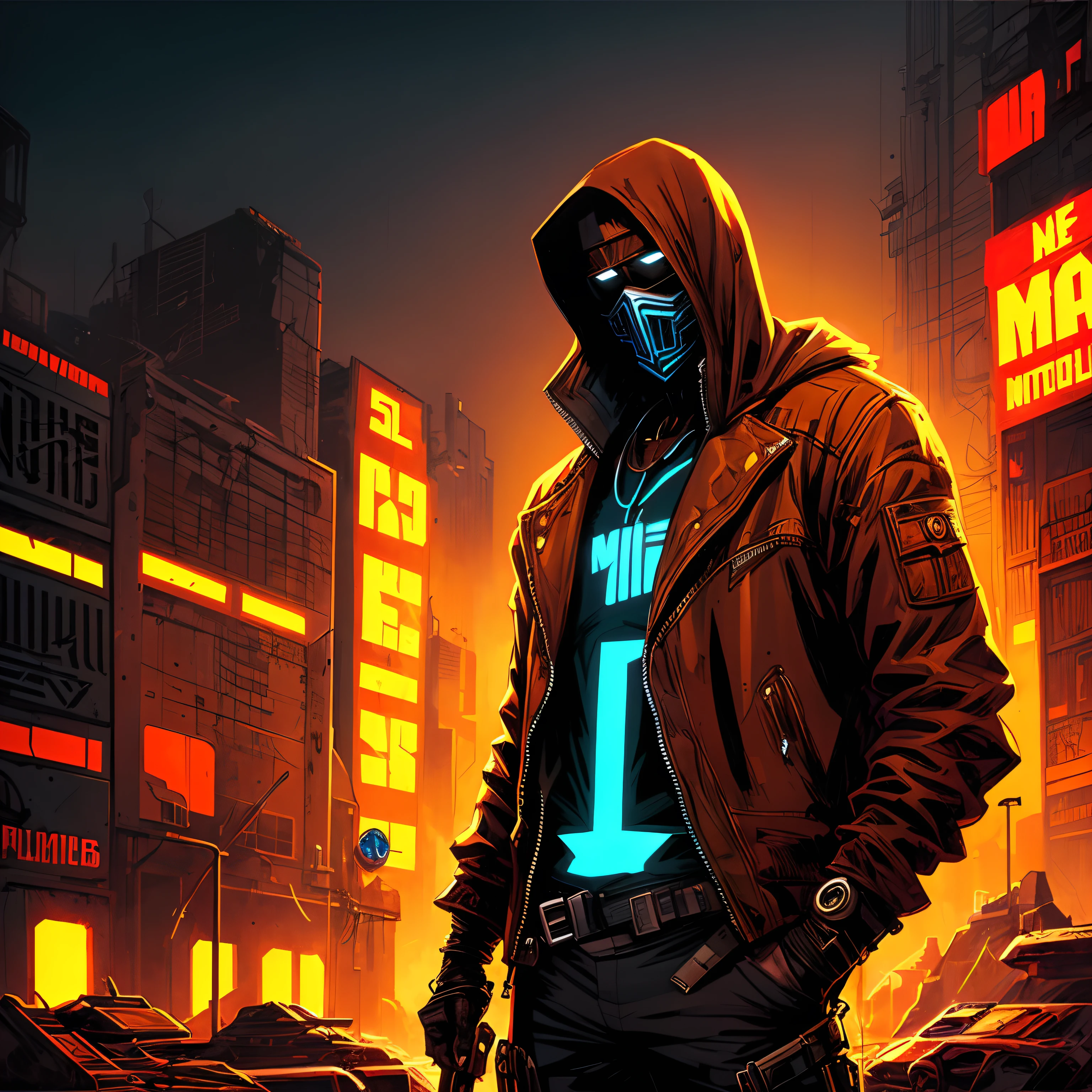 Man standing with hood down, revealing her face and brown skin in an apocalyptic cyberpunk world, pintura digital, estilo de quadrinhos, artista, detalhes meticulosos, neon colors, Atmosfera intrigante