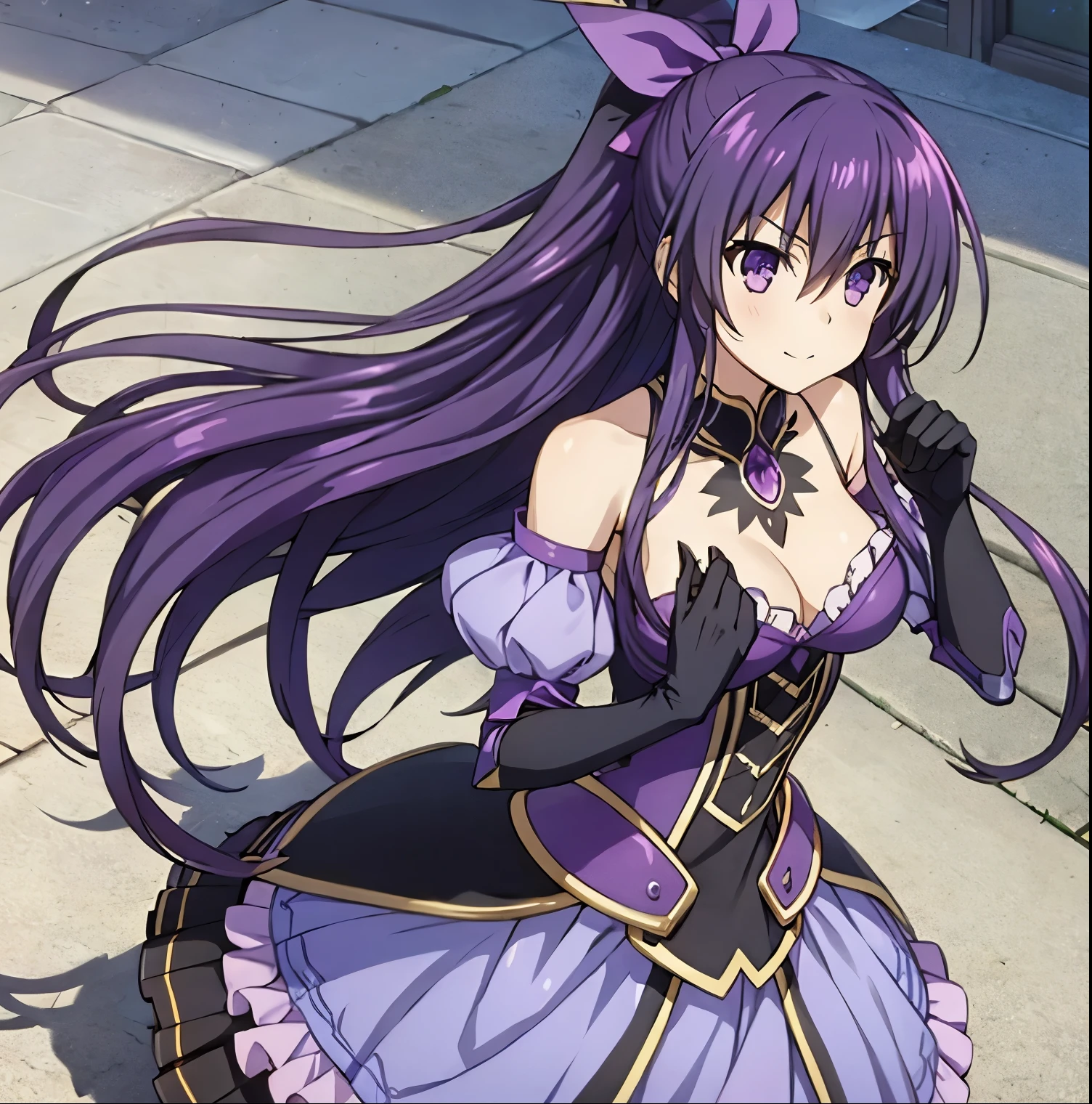 1girl, alone yatogami tohka, date a live, tsubasaki, armor, armored dress, bow, chibi, dress, frilled dress, frills, hair bow, long hair, ponytail, purple dress, purple eyes, purple hair, purple ribbon, ribbon, shoulder armor, smile, sword, weapon, very aesthetic, masterpiece, absurdres, perfect hands, perfect anatomy 