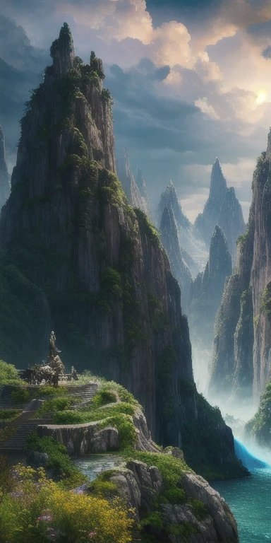 masterpiece, best quality, high quality, extremely detailed CG unity 8k wallpaper, scenery, outdoors, sky, cloud, day, no humans, mountain, landscape, water, tree, blue sky, waterfall, cliff, nature, lake, river, cloudy sky,award winning photography, Bokeh, Depth of Field, HDR, bloom, Chromatic Aberration ,Photorealistic,extremely detailed, trending on artstation, trending on CGsociety, Intricate, High Detail, dramatic, art by midjourney