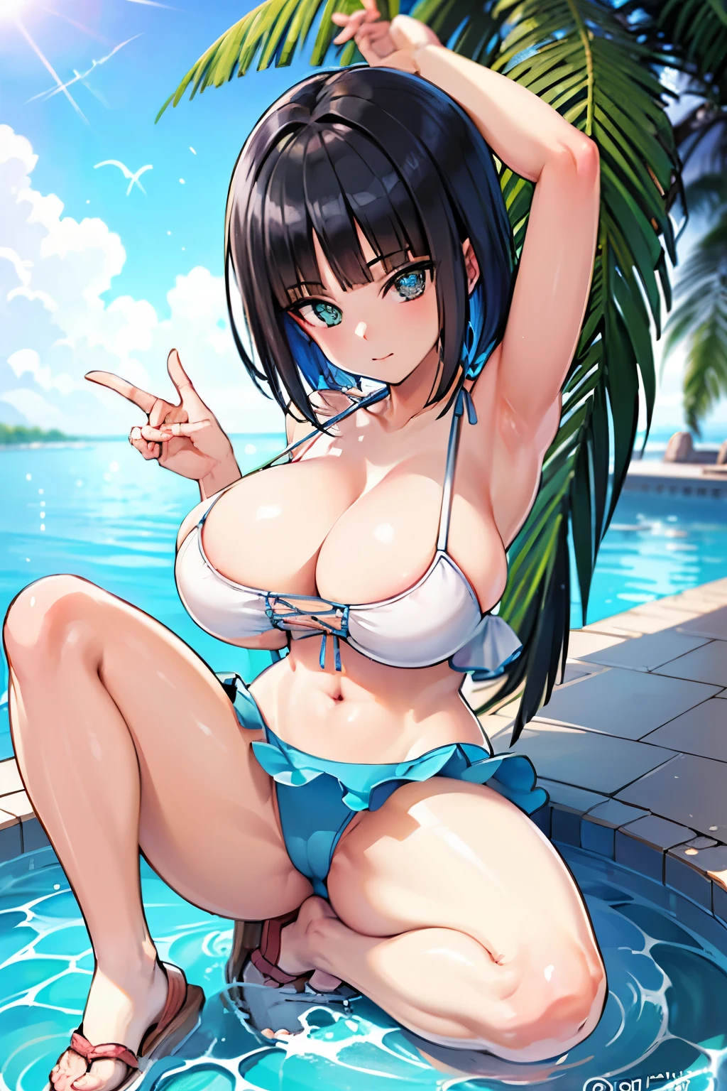 (High reality photograph, high resolusion, detailed face, detailed eyes), 20 years old, (urbikini:1.5), cute face, lovely body, (emphasizing very skinny waist:1.3), 1girl, (big breasts:1.4), (cute eyes:1.2), (shiny skin:1.4), (armpit:1.3), open legs, (full body:1.1), poolside