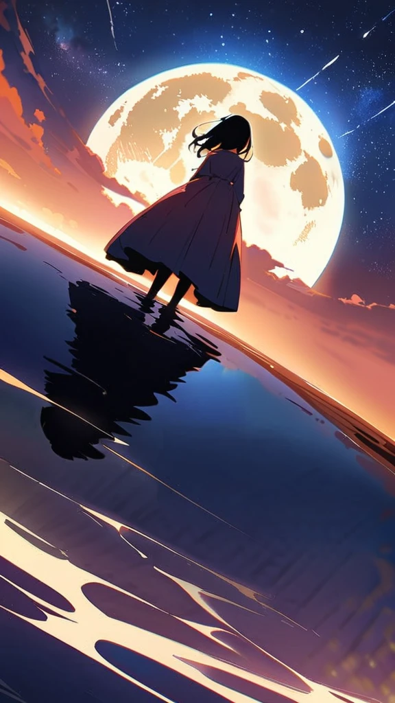 ((Best Quality)), ((Masterpiece)), ((Ultra Wide Angle)),night,Women、,standing on the salt lake,The water surface is like a mirror,Reflecting the sky。Look at the sky,The Milky Way is in the sky,Close-up of face,shining big full moon