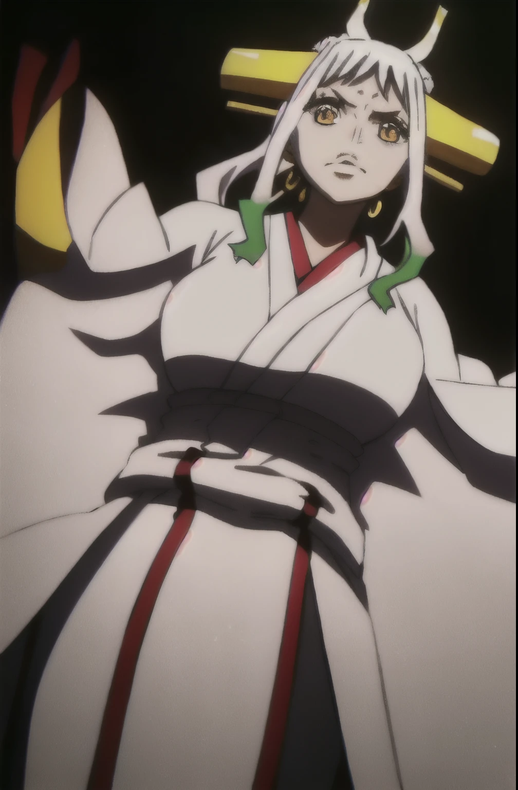 1girl, yamato_5000, white hair, green hair, gradient hair, horns, wanostyle, ring earrings, ((masterpiece)), ((best quality)), extremely detailed, bloom, kimono, traditional clothing, depth of field, sketch, dark intense shadows, sharp focus, soft lighting, darkness, good composition, solo, outdoors, night moon, from below, upper body, light from behind,