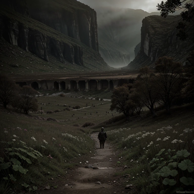 Spawns a small clover in a dark valley of death in a gloomy landscape where there are skeletons on the ground and blood all over the valley