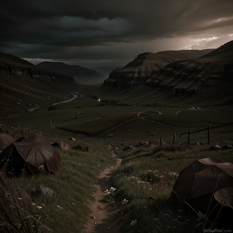 Spawns a small clover in a dark valley of death in a gloomy landscape where there are skeletons on the ground and blood all over the valley
