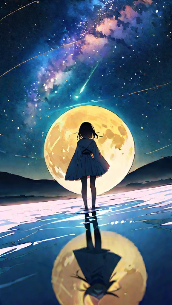 ((Best Quality)), ((Masterpiece)), ((Ultra Wide Angle)),night,Women、,standing on the salt lake,The water surface is like a mirror,Reflecting the sky。Look at the sky,The Milky Way is in the sky,Close-up of face,shining big full moon