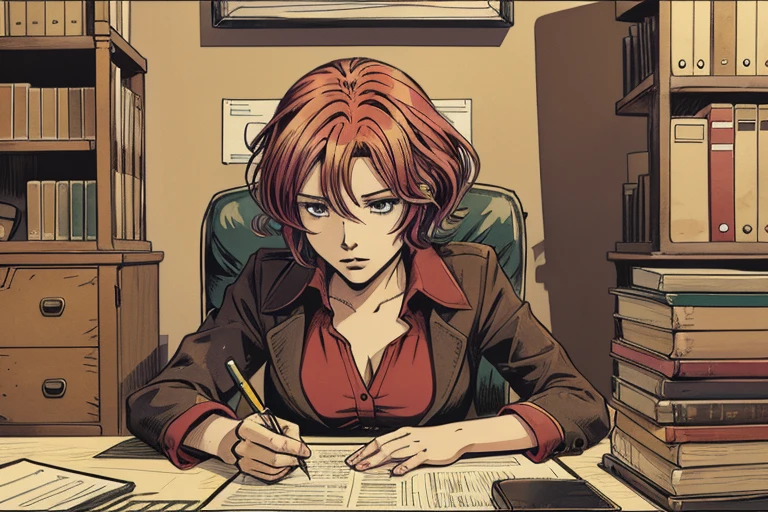 vector image, 2d cartoon,masterpiece, An anime woman, colored hair, in office, accountant