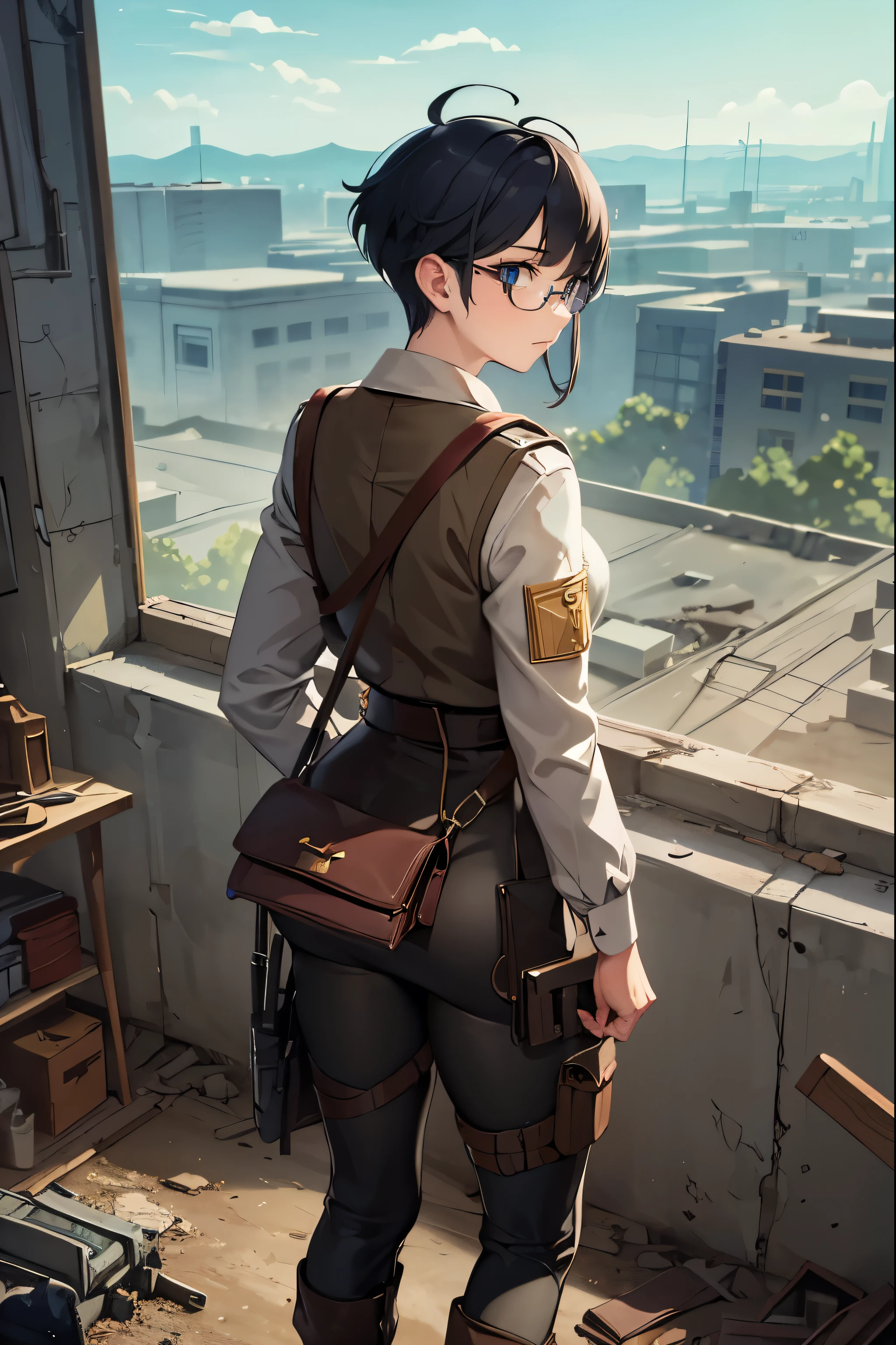 Wide angle, view from behind, a pretty girl messenger, wearing large glasses, undercut hair, wearing postal uniform, in a post-apocalyptic world