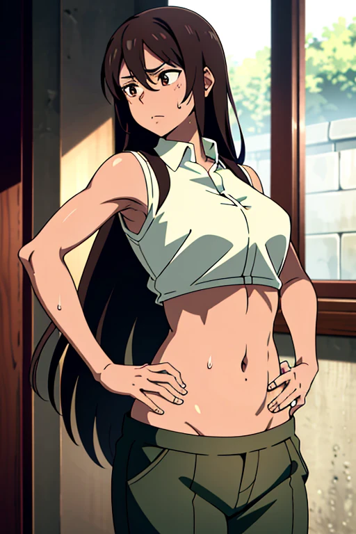 (masterpiece, top quality, best quality), brown skin anime girl with sleeveless buttoned shirt and trousers, famished in hunger, (gently resting hands on stomach), (sweating), (long hair), (hands on her stomach)