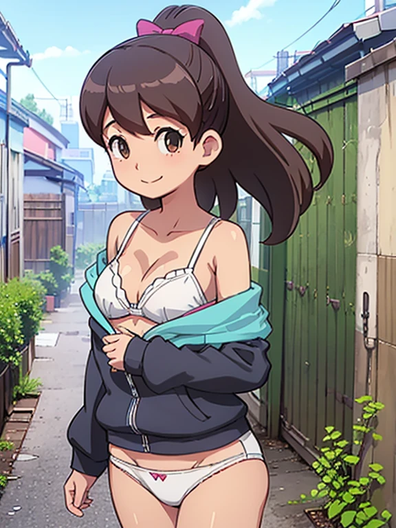 Shot in a back alley,whole body,smile(Mastepiece,1 Girl, alone,,Girl) (Kodama Fumika)F cup breasts、Cleavage、White underwear