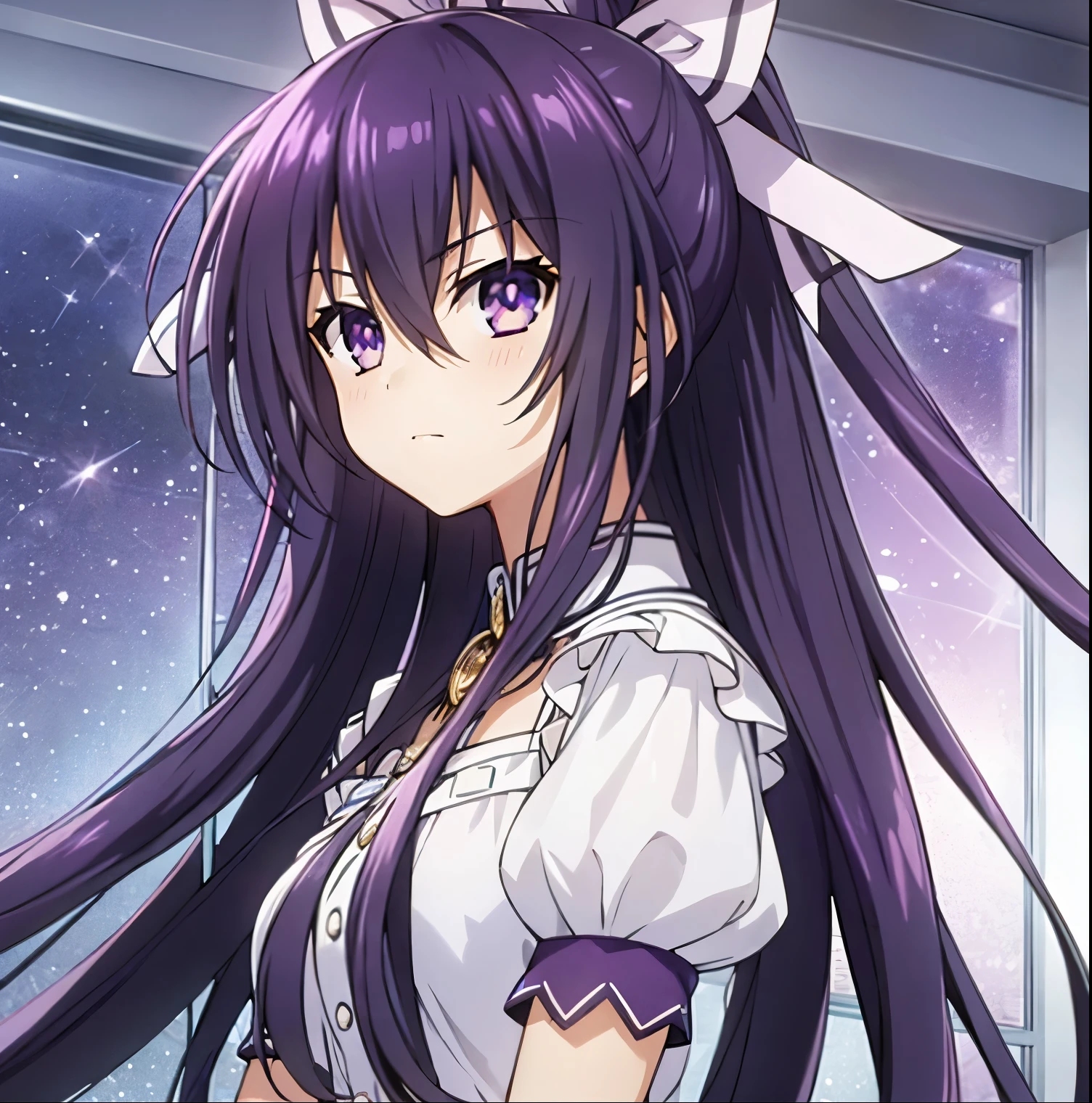 1girl, alone, , tohka yatogami, hair ribbon, (purple eyes:1.1), purple hair, long hair, ribbon,
 raizen high , ,
 looking at viewer,  indoors, classroom, (masterpiece:1.2), best quality, high resolution, unity 8k wallpaper, (illustration:0.8), (beautiful detailed eyes:1.6), extremely detailed face, perfect lighting, extremely detailed CG, (perfect hands, perfect anatomy),