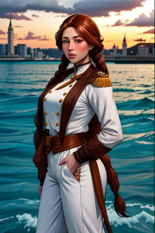 ultra realistic 8k, picture-perfect face, flawless, clean, masterpiece, perfect face, beautiful face, extremely detailed eyes, a woman admiral, standing on a pier overlooking the seas, solo, detailed eyes, beautiful, looking at viewer, (dynamic pose), water, confident pose, stormy sea, storm, wind, (dark theme:0.85), small breasts, (white parade pants, blue admiral uniform, blue parade uniform, admiral hat), hyperrealistic photography, extremely detailed CG unity 8k wallpaper, HDR, RAW photo, dslr, intricate detail, cute, magical, enchanting, parted lips, vibrant lighting, vibrant colors, (masterpiece, best quality, ultra-detailed, best shadow), perfect female body perfect female waist, photography BREAK long hair, crownbraid, chestnut brown hair, ponytail, crownbraid tie, (pronounced blush) , ((button off, nipples, areola, cleavage):-1.0),