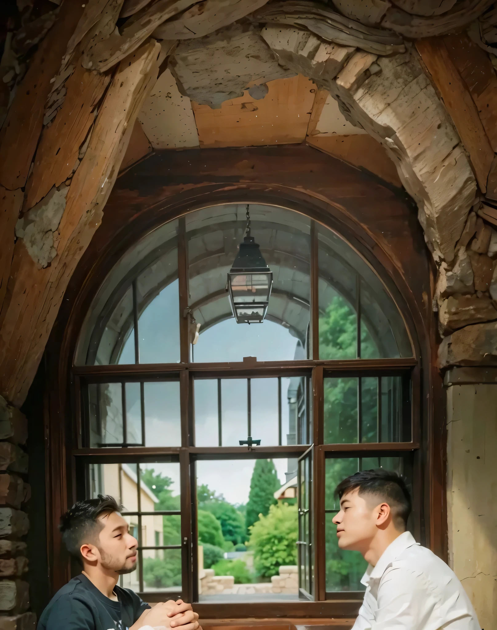  two boys sitting near rock window of castle 