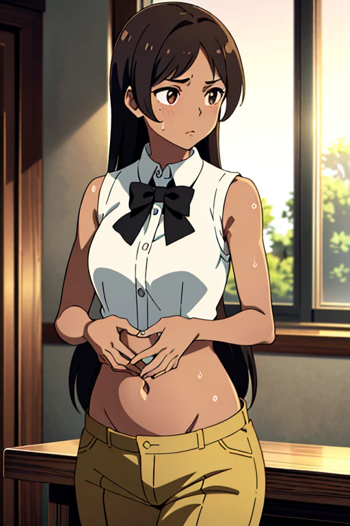 (masterpiece, top quality, best quality), brown skin anime girl with sleeveless button up shirt and trousers, famished in hunger, (gently resting hands on stomach), (sweating), (long hair), (hands on her stomach)