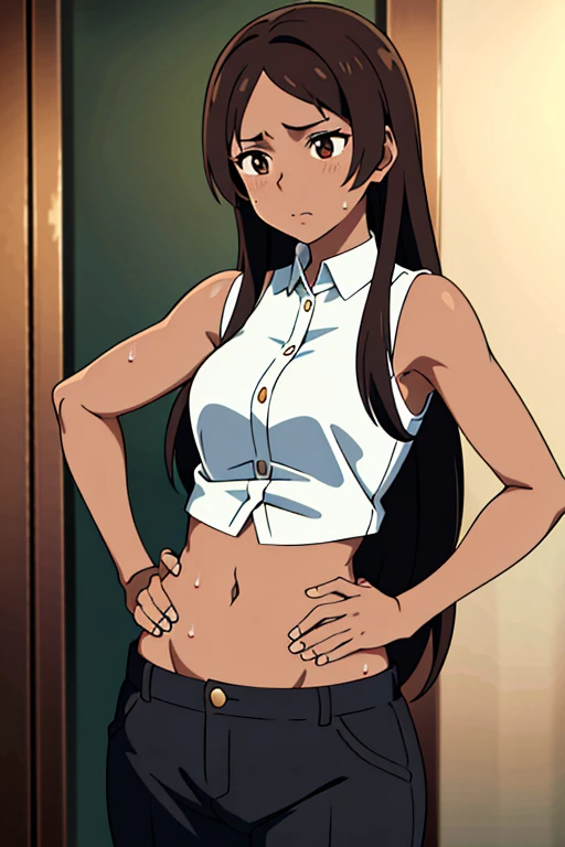 ((best quality)), ((masterpiece)), (detailed), perfect face, brown skin anime woman in a deep v neck shirt tie front crop top, (bare shoulders), (jeans trousers), famished in hunger, (gently resting hands on stomach), (long hair), (hands on her stomach), (slim woman), (shiny body), (shiny arms)