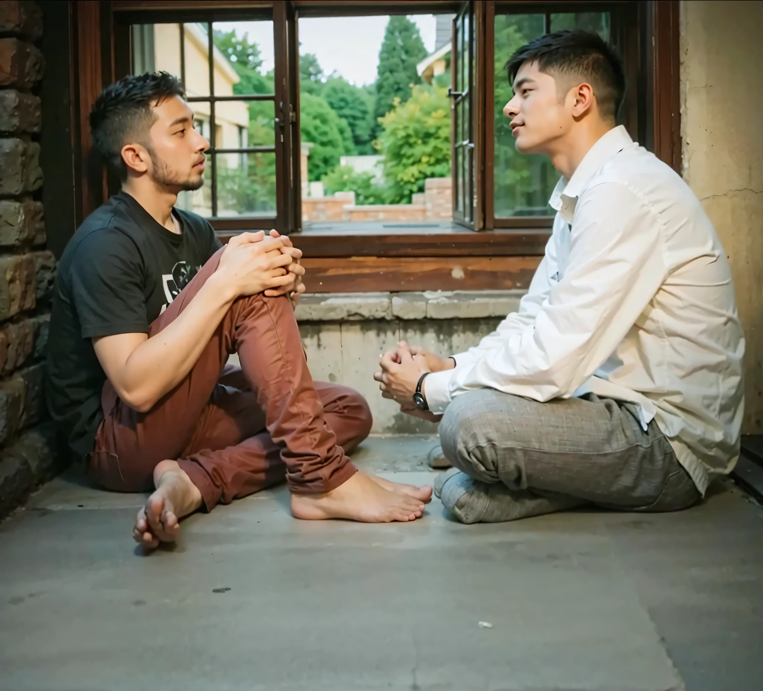  two boys sitting near window and concrete flooring 