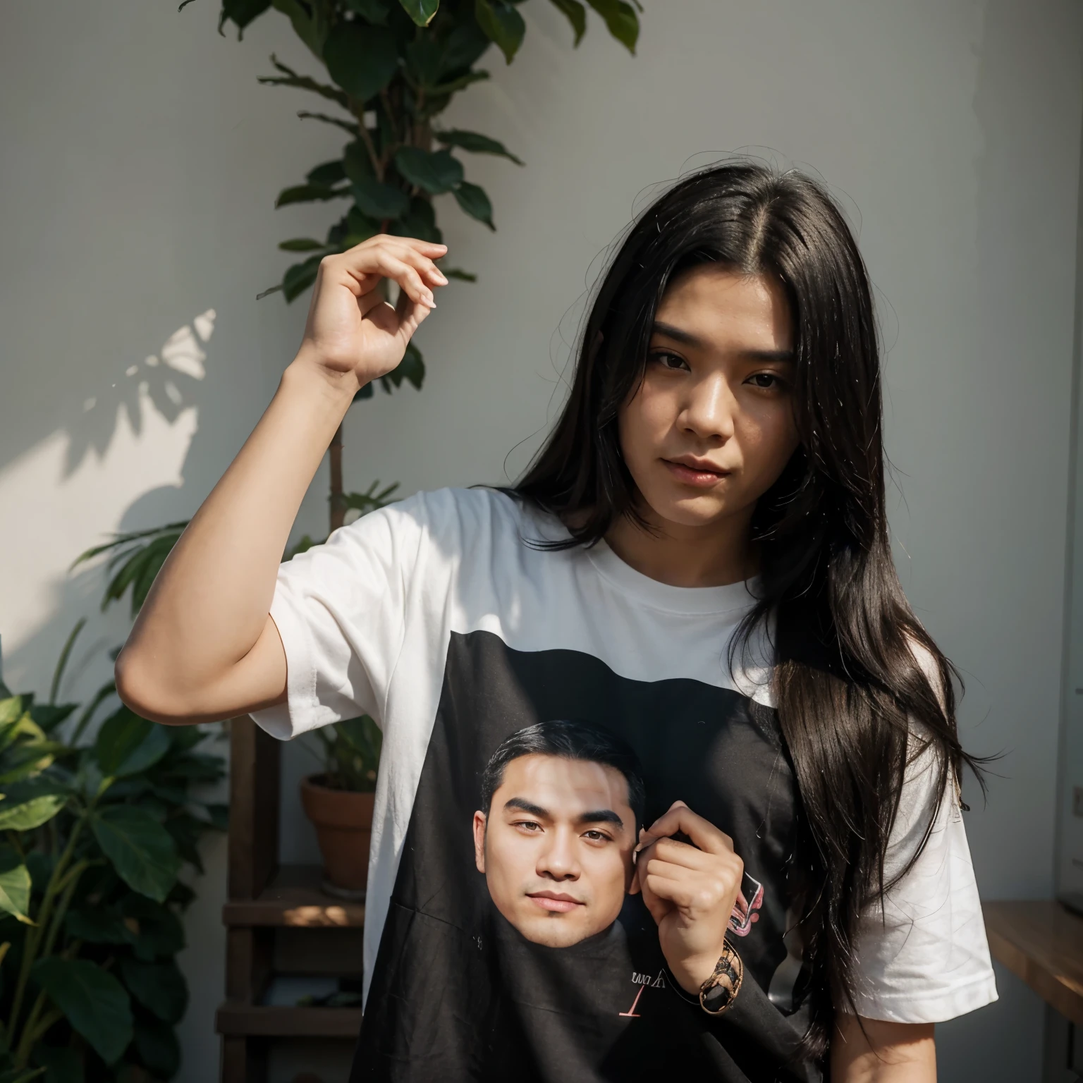 A person the size of a planet with Chinese features with medium-long black hair who says GONZÁLEZ on his t-shirt 
