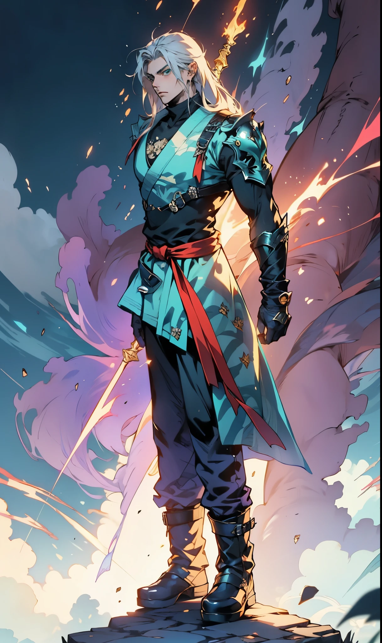 A man with medium-length teal blue long hair, middle part bangs, determined gaze, well-defined facial features, calm expression, sturdy physique, a fantasy-style white long coat with purple-blue patterns, asymmetrical hem, a black belt, gloves, fabric trousers, leather boots, blue and red energy swirling around him, impacting the grassland with their diffused aura, this character embodies a finely crafted fantasy martial arts-style hero in anime style, exquisite and mature manga art style, high definition, best quality, highres, ultra-detailed, ultra-fine painting, extremely delicate, professional, perfect body proportions, golden ratio, anatomically correct, symmetrical face, extremely detailed eyes and face, high quality eyes, creativity, RAW photo, UHD, 32k, Natural light, cinematic lighting, masterpiece-anatomy-perfect, masterpiece:1.5