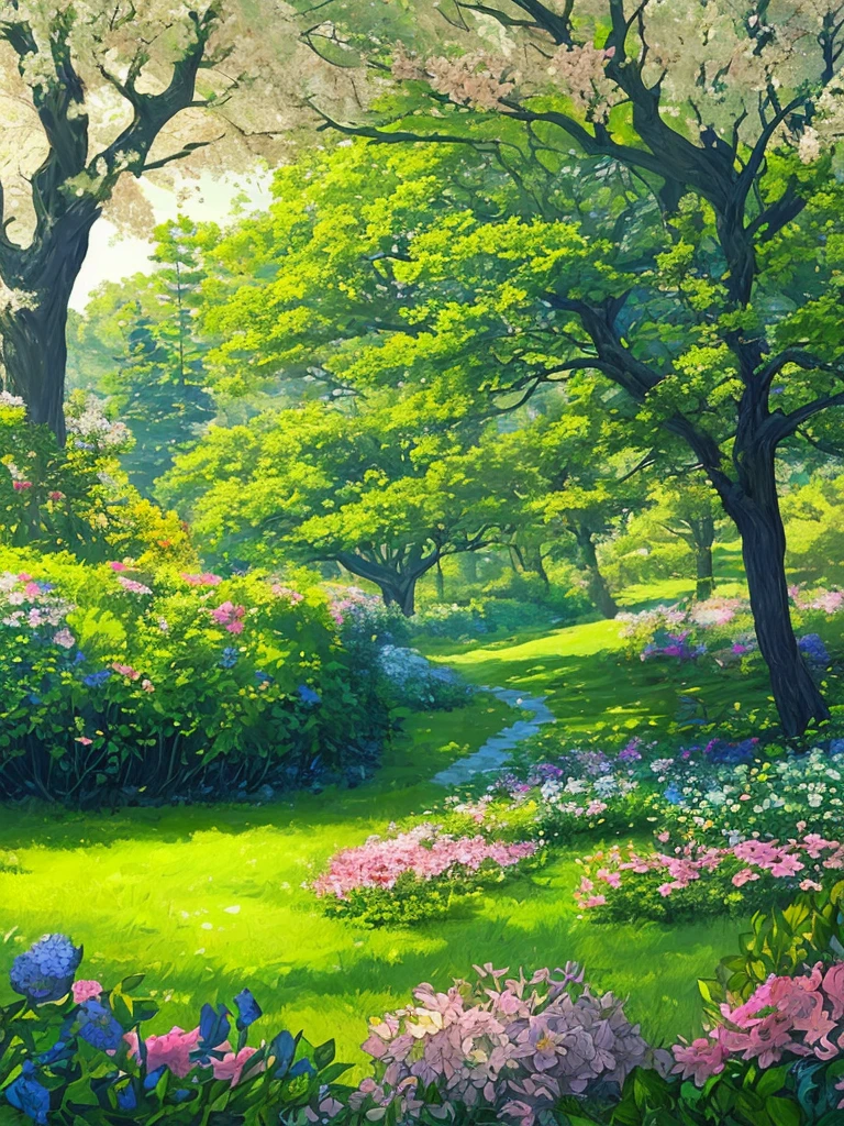 Create a landscape of trees and flowers and God