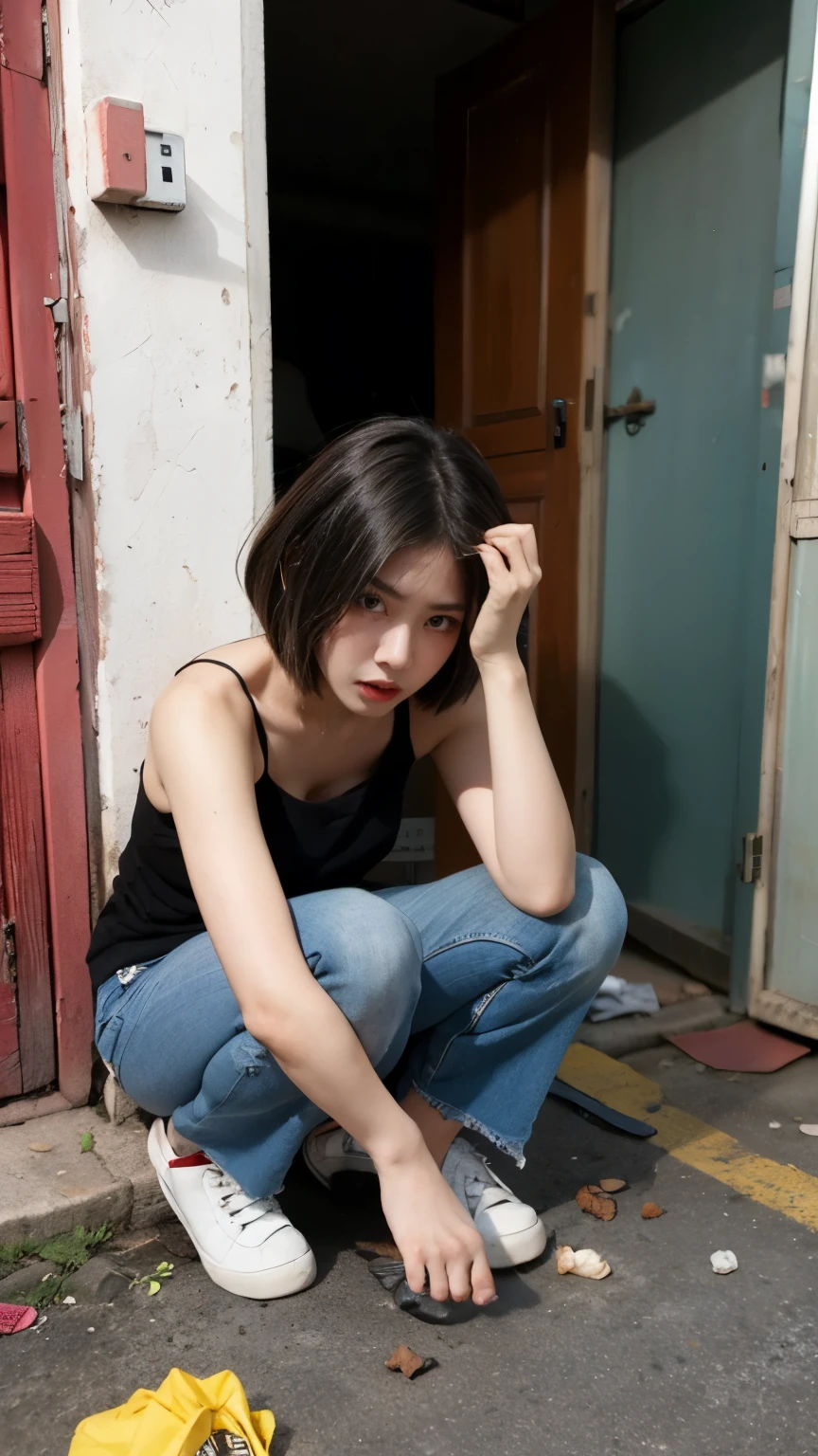 aespakarina,Bobcut,Beggar,beggar,(((Homeless))),in abandoned style room,Crouching,Angry face,Bad complexion,Dirty,I&#39;m in a room full of trash,Korean,18-year-old,woman,Pitch black,Tattered clothes,(((Bad mood))),((( Oil,Mud stains,shit,dirty))),(((Frowning,カメラをGlaring))),((((pile of trash))),Very fine eye, (((He is wearing a tattered black long-sleeved shirt.,He&#39;s wearing ripped black pants))),(((Tragic))),((photograph)),(((Fabric Shading))), (((highest quality))), (((masterpiece))) strong girl, ((((Realistic)))),,Black Hair, chic hairstyle, ((With bangs,ストレートミディアムBobcut, nice hair)), Light makeup,Red eyes, (((I&#39;m not wearing lipstick))), (nice, strong), Centered Images, Looking at the camera, Elegant colors,Realistic Skin,Realistic texture,８k,whole body,Pale skin,Red iris,Expressionless,Glaring,Perfect Face,(((Big eyes))),Holding a blank board,Perfect feet and hands