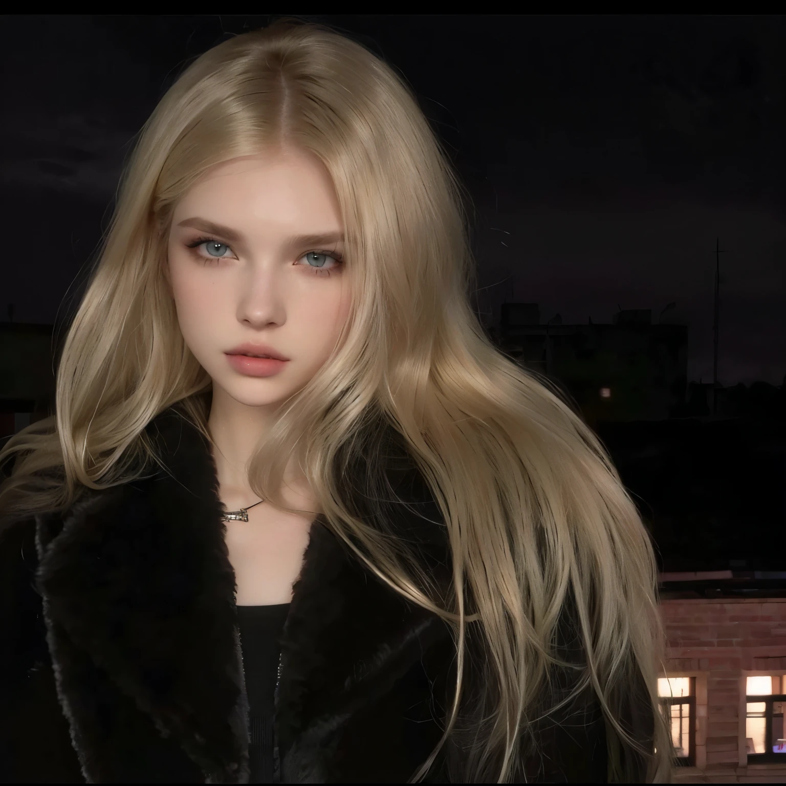 Mujer rubia con pelo largo vistiendo un abrigo negro y un top negro., extremely pale blonde hair, very very pale blonde hair, long cabello rubio y ojos grandes, yelena belova, pelo largo y rubio y ojos grandes, una chica con cabello rubio, con pelo largo y rubio, cabello rubio y ojos grandes, ava max, pale, shiny skin, Dasha Taran