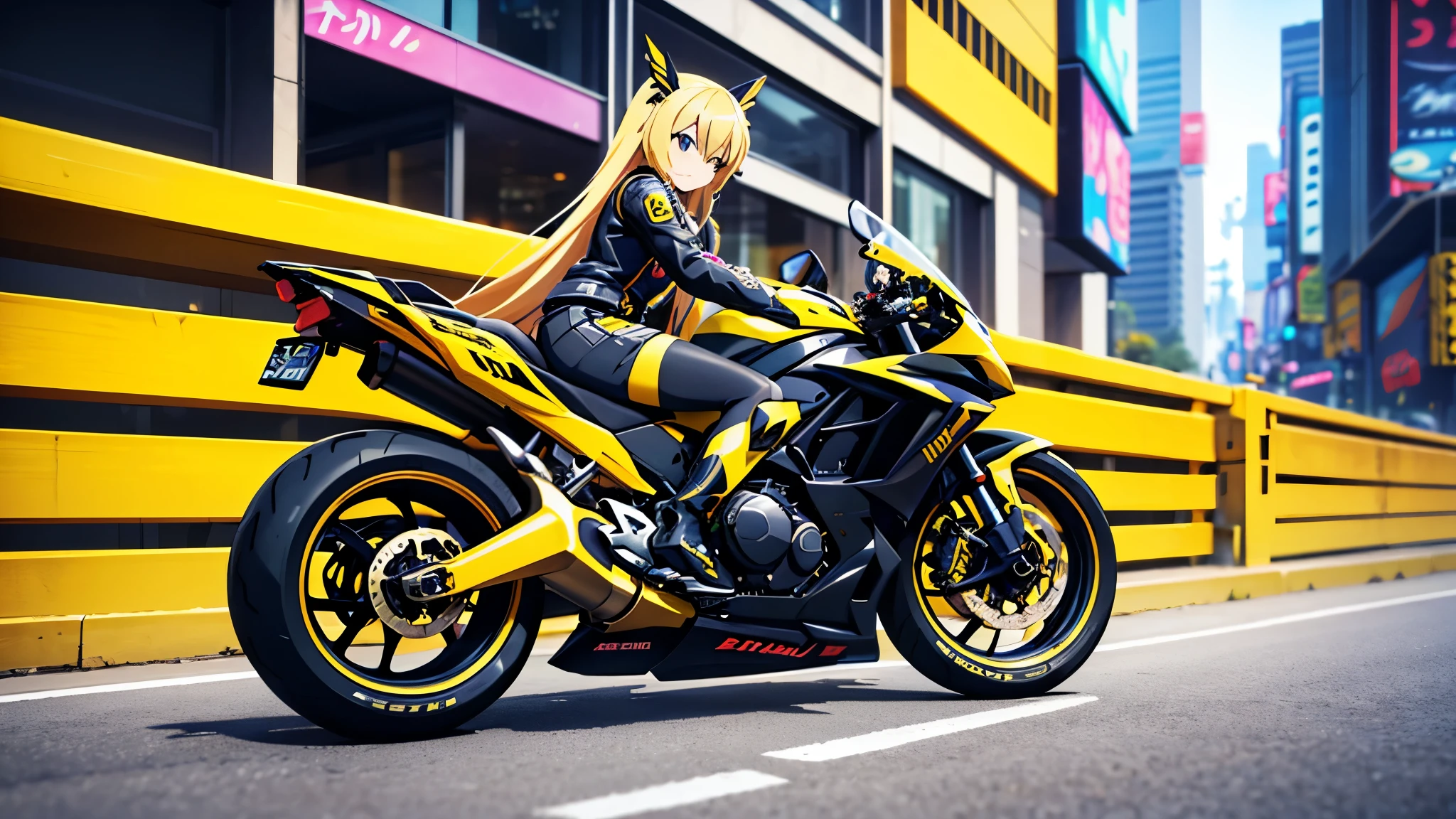 a woman in a black and yellow suit riding a motorcycle, anime style 4 k, badass anime 8 k, blonde anime girl with long hair, anime art vehicle concept art, female action anime girl, mechanized valkyrie girl, anime girl of the future, sitting on cyberpunk motorbike, anime styled 3d, motorcycle, cyberpunk anime girl mech, ultra hd anime wallpaper