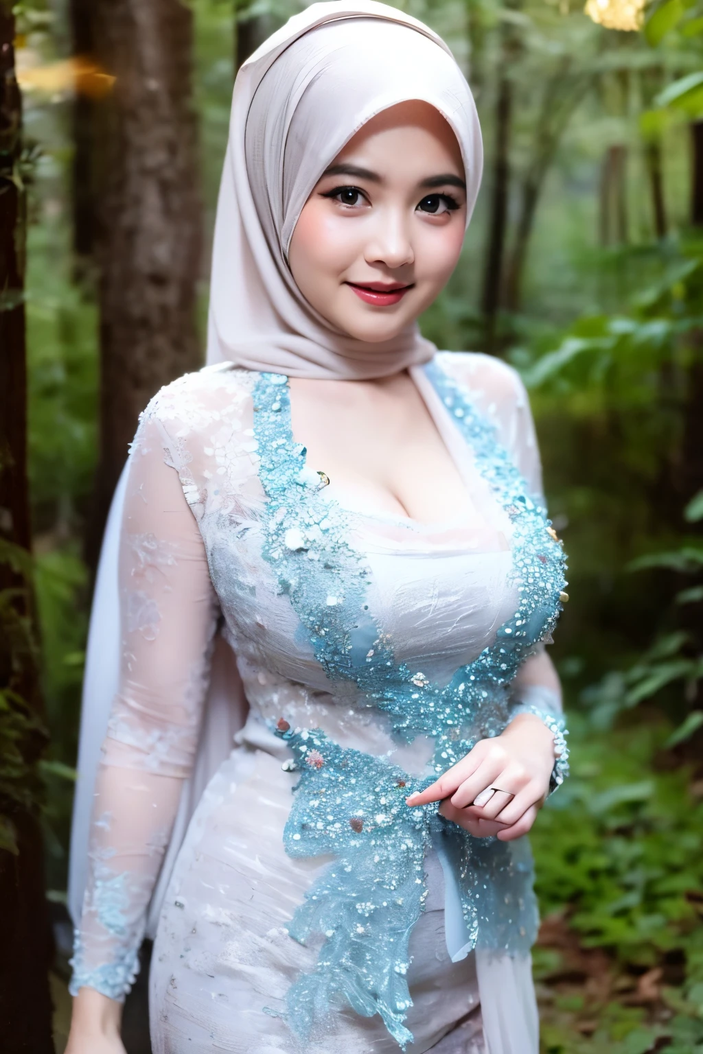 Create a photorealistic masterpiece of a beautiful woman with hijab wearing traditional Indonesian kebaya attire, solo, cleavage cutout, Set her against a dark, forest backdrop with a captivating glow in the background and bokeh effect. Ensure the image quality is 8K with ultra-realistic details.,kebaya,kebaya indonesia