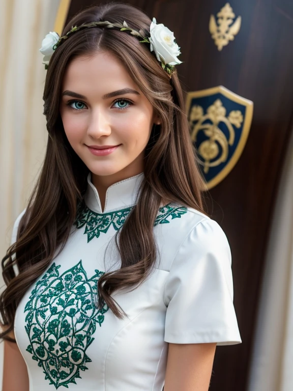 Create an image of a beautiful young slender woman of medium height. Brown hair, green eyes. She has a sad smile. She wears a modest white dress. On the background a shield in white with a dark wolf on it. She wears BLUE roses in her hair