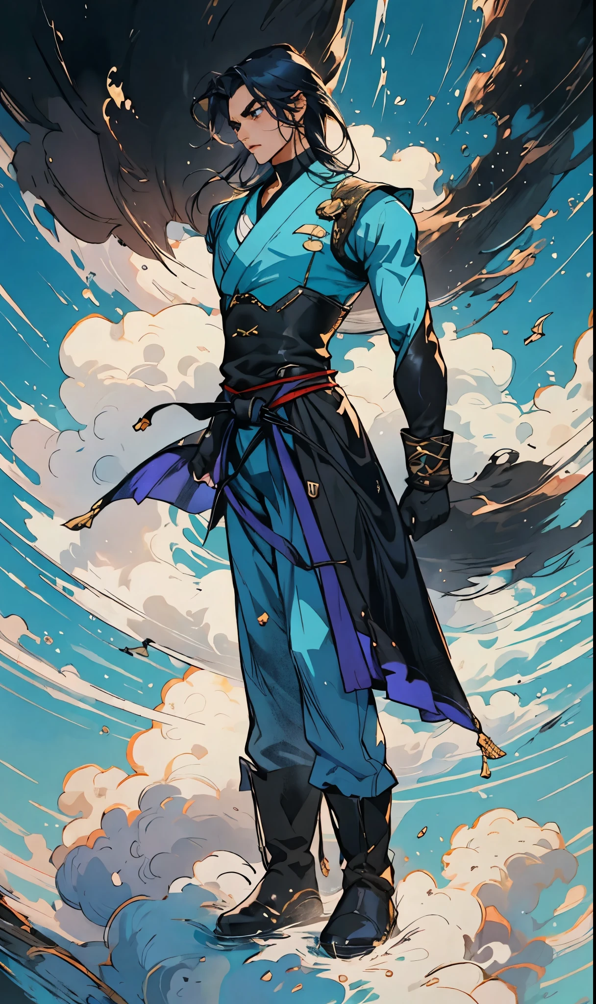A man with medium-length teal blue long hair, middle part bangs, determined gaze, well-defined facial features, calm expression, sturdy physique, a fantasy-style white long coat with purple-blue patterns, asymmetrical hem, a black belt, gloves, fabric trousers, leather boots, blue and red energy swirling around him, impacting the grassland with their diffused aura, this character embodies a finely crafted fantasy martial arts-style hero in anime style, exquisite and mature manga art style, high definition, best quality, highres, ultra-detailed, ultra-fine painting, extremely delicate, professional, perfect body proportions, golden ratio, anatomically correct, symmetrical face, extremely detailed eyes and face, high quality eyes, creativity, RAW photo, UHD, 32k, Natural light, cinematic lighting, masterpiece-anatomy-perfect, masterpiece:1.5