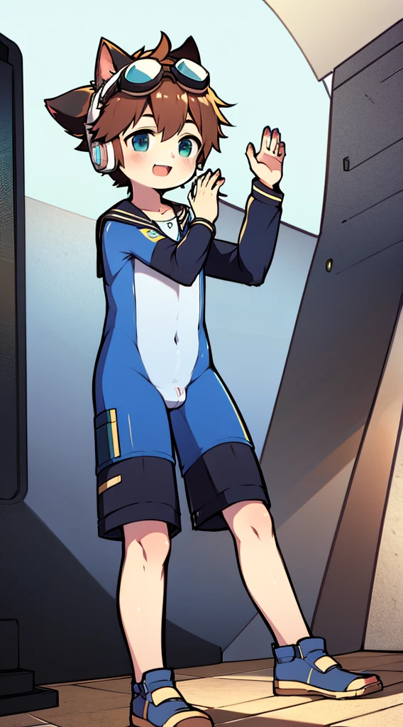 2D Boy Shota，One-piece mountaineering suit，Slim, healthy body，Put the headphones on your head，stand up，goggles，Cat ear，happy，Sailor collar，Lovely，