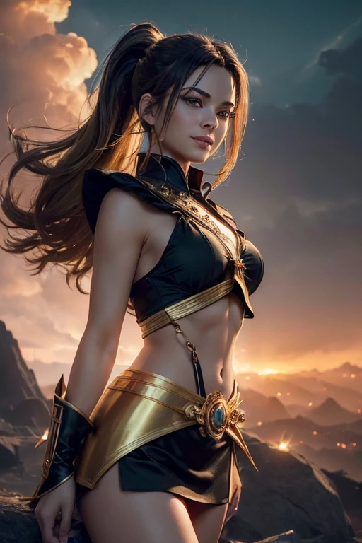 (master piece:1.8), (best quality:1.8), (exquisite lighting and shadow, highly dramatic picture, cinematic lens effect) 8k, wallpaper, looking at the viewer, open arms, female ponytail yellow gold hair on one side thin and short fantasy witch wearing a smooth and futuristic black tunic with gold ornaments and gold lines, black mini skirt, thin waist, hips, red ribbon in waist, beautiful blue eyes, beautiful lips, beautiful smile, shiny red flame behind, clouds and sky background, ethereal lightning, sharp focus
