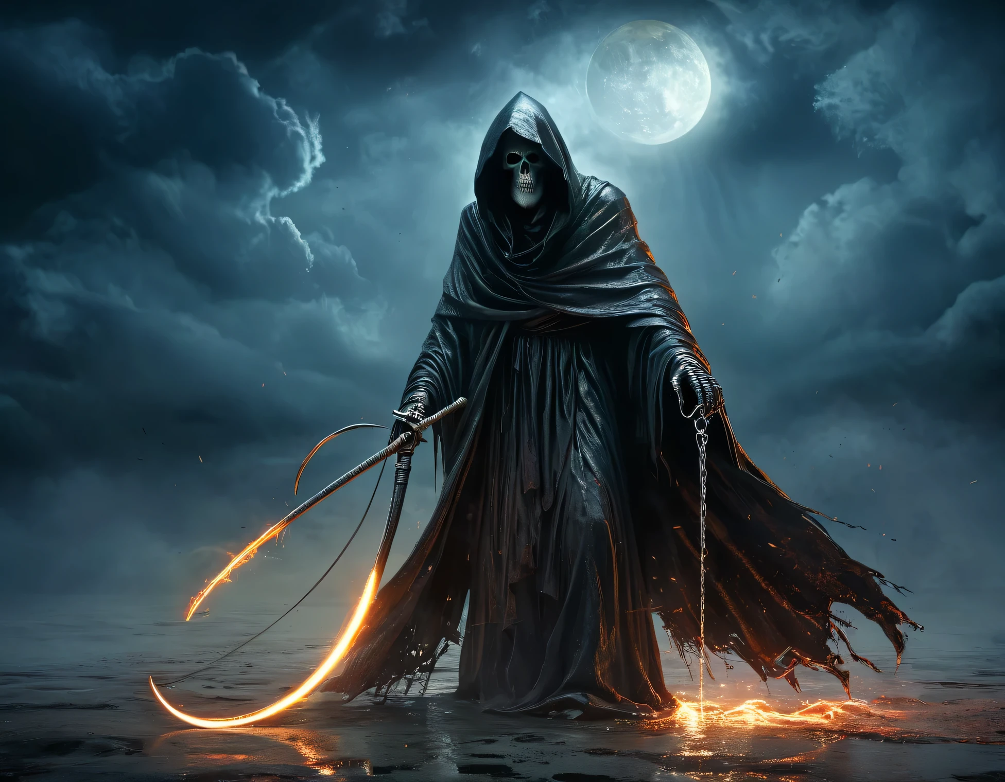 dramatic scene, detailed scene, ((1 old man with boxing gloves:1.7, face to face with grim reaper:1.7)), masterpiece, modern art, hyper-detailed, (best quality, 4k, 8k, high resolution, masterpiece : 1.2), ultra-detailed, (realistic, photo-realistic, photo-realistic: 1.37), HD, extremely detailed fine lines, expressive brush strokes, old man's worn skin texture, captivating composition, dynamic lighting, high contrast, sinister atmosphere, vibrant colors , emotional intensity, grim reaper with a loose robe and a scythe. , intense gaze of the old man, subtle hints of struggle and determination, surprising contrast between life and death, a captivating narrative,